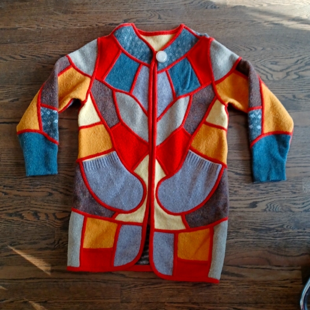 Artsy 100 % wool patchwork 3/4 sweater jacket